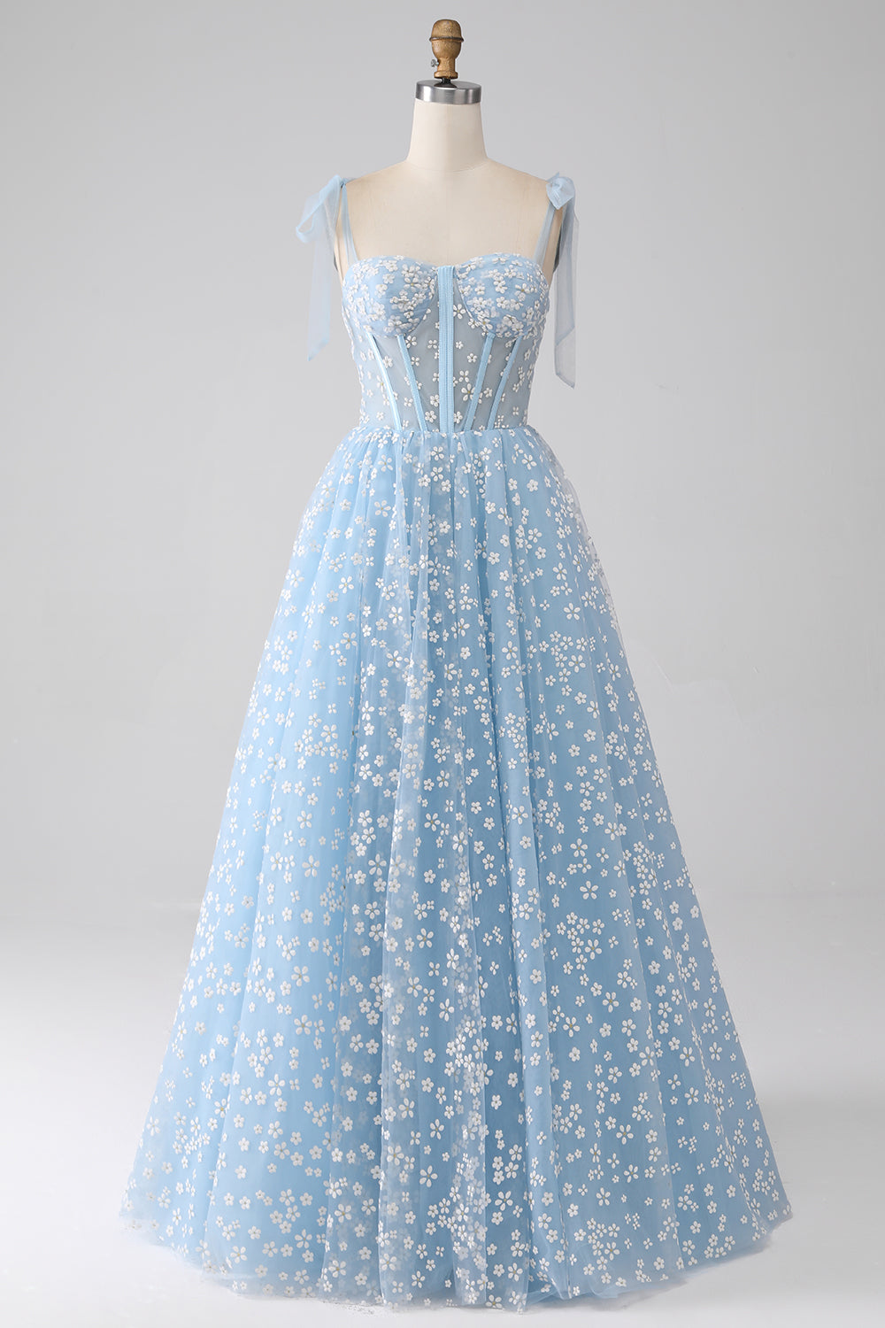 A-Line Spaghetti Straps Sky Blue Corset Formal Dress