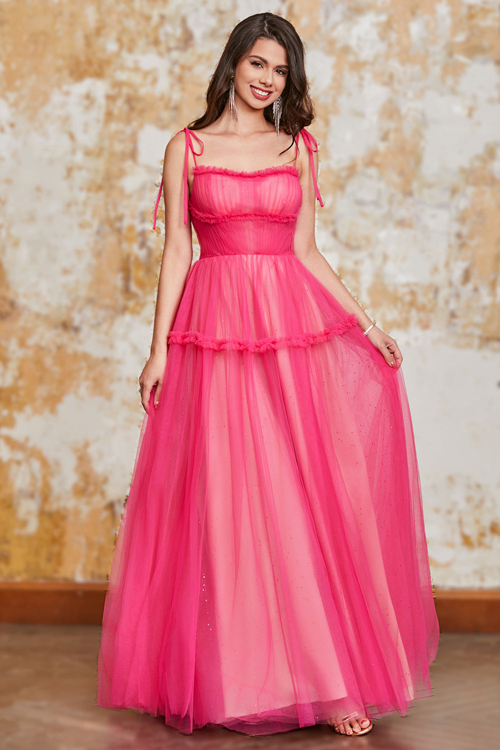 Princess A Line Spaghetti Straps Fuchsia Long Formal Dress with Ruffles