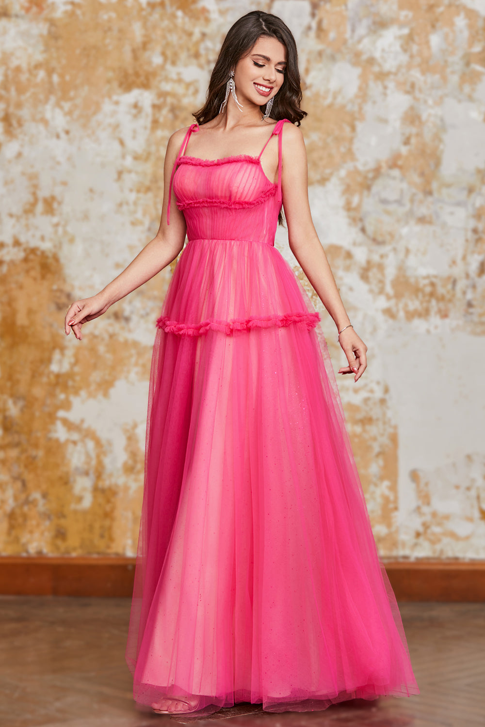 Princess A Line Spaghetti Straps Fuchsia Long Formal Dress with Ruffles