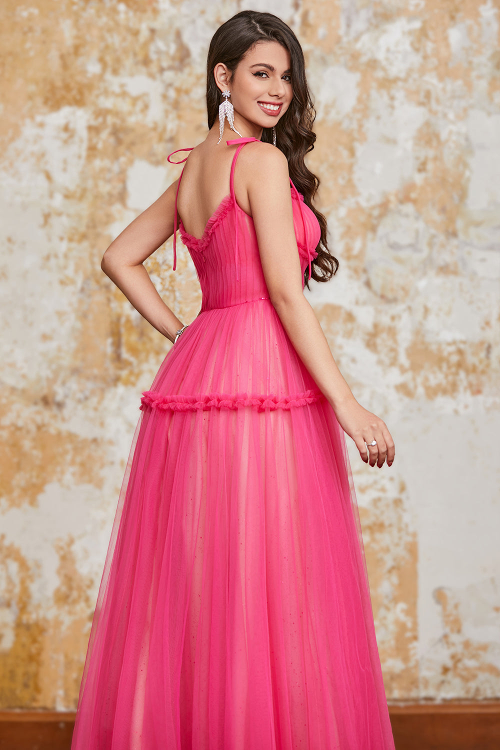 Princess A Line Spaghetti Straps Fuchsia Long Formal Dress with Ruffles