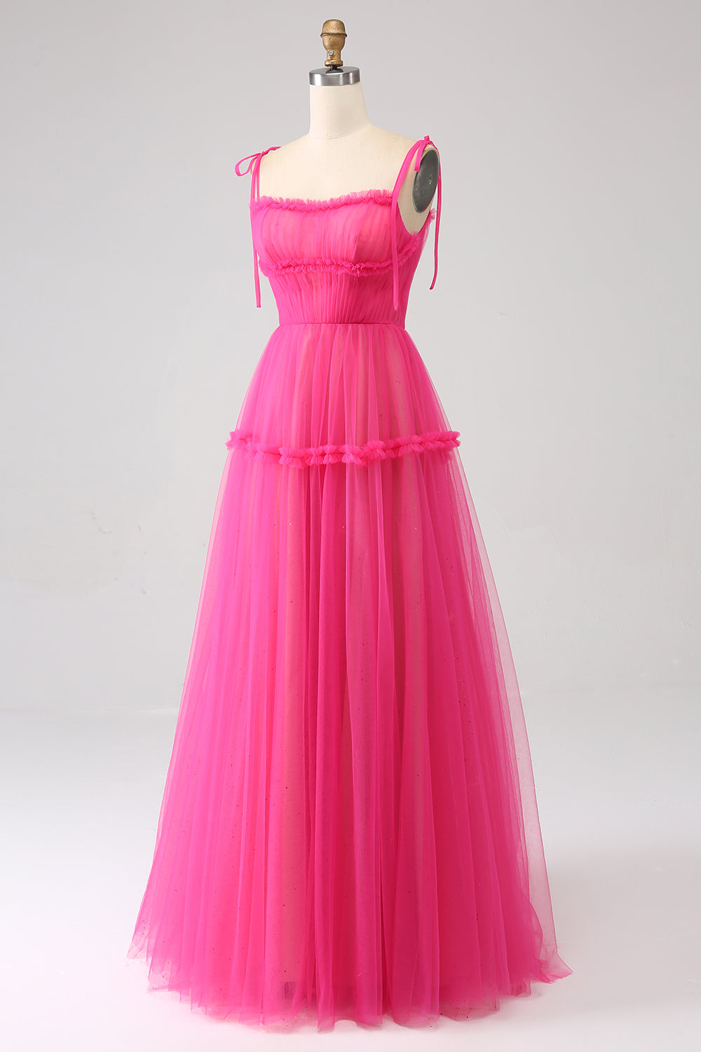 Fuchsia A-Line Ruffled Long Tulle Formal Dress