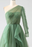 Dark Green A-Line One-Shoulder Long Formal Dresses With Long Sleeves