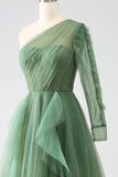 Dark Green A-Line One-Shoulder Long Formal Dresses With Long Sleeves