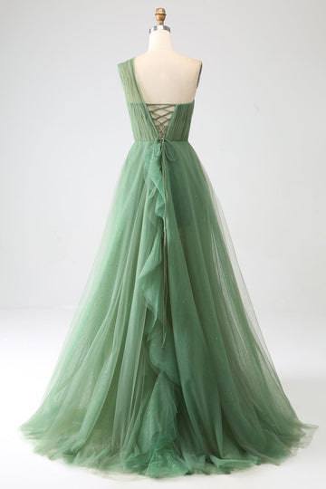 Dark Green Tulle A-Line One-Shoulder Long Formal Dresses