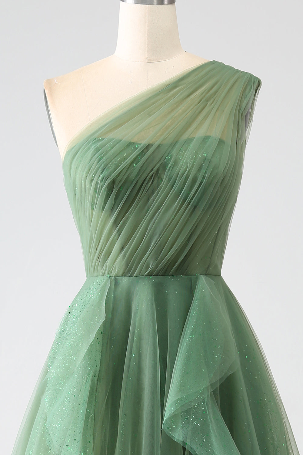 Dark Green Tulle A-Line One-Shoulder Long Formal Dresses