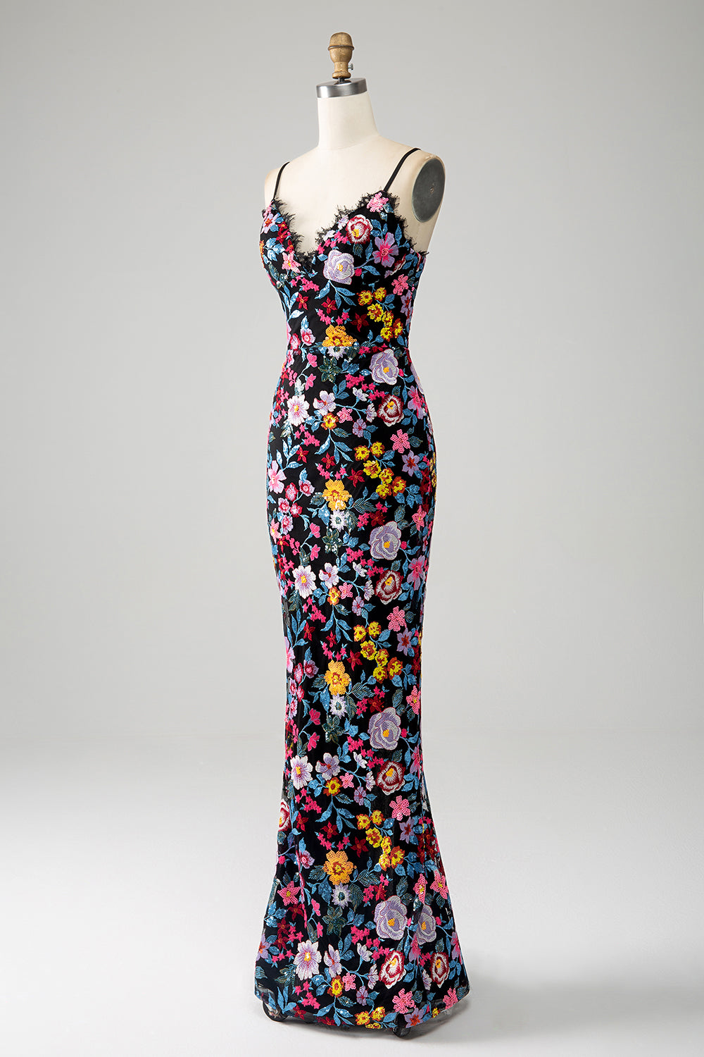 Black Floral Mermaid Spaghetti Straps Long Formal Dress With Embroidery