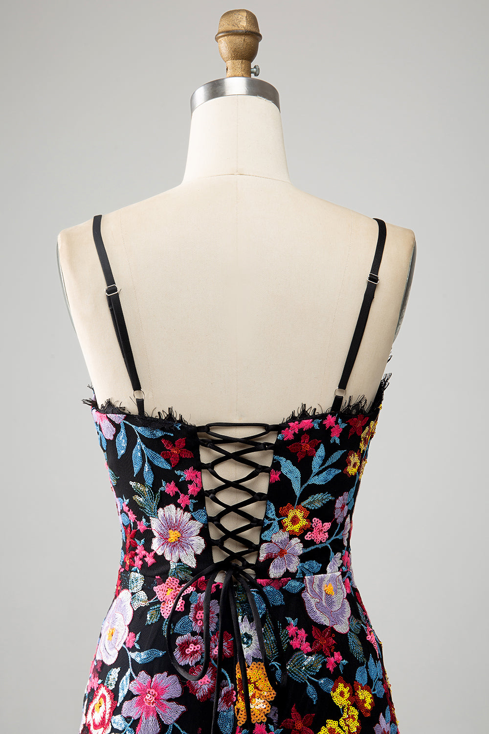 Black Floral Mermaid Spaghetti Straps Long Formal Dress With Embroidery