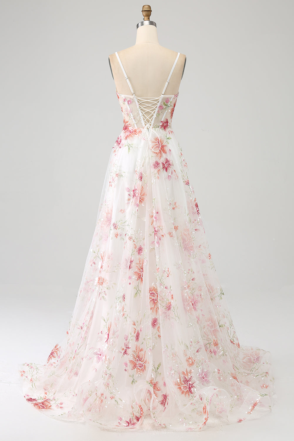 Ivory Flower Embroidered Long Corset Formal Dress with Slit