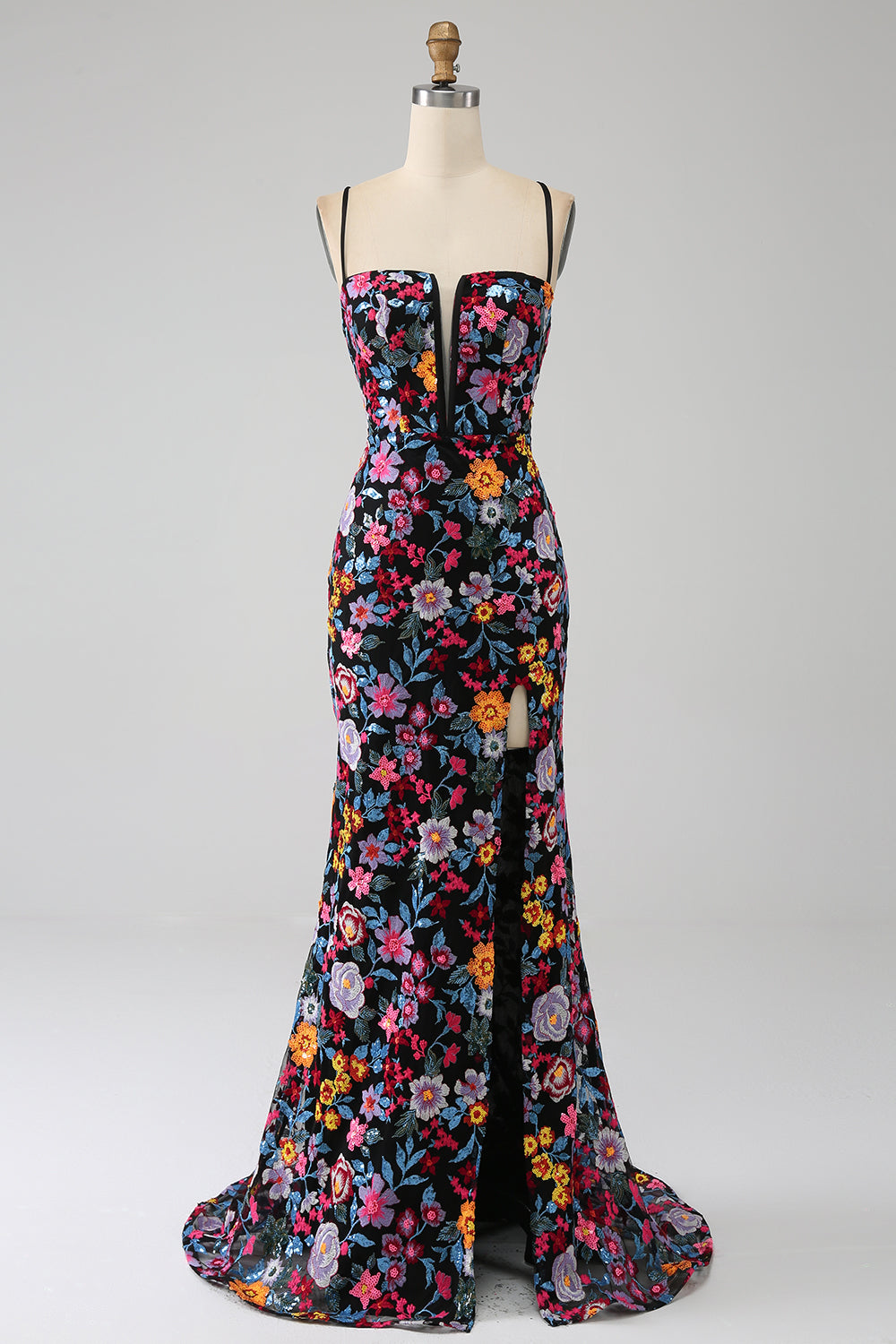 Mermaid Spaghetti Straps Black Flower Embroidered Formal Dress With Side Slit