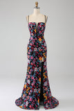 Mermaid Spaghetti Straps Black Flower Embroidered Formal Dress With Side Slit