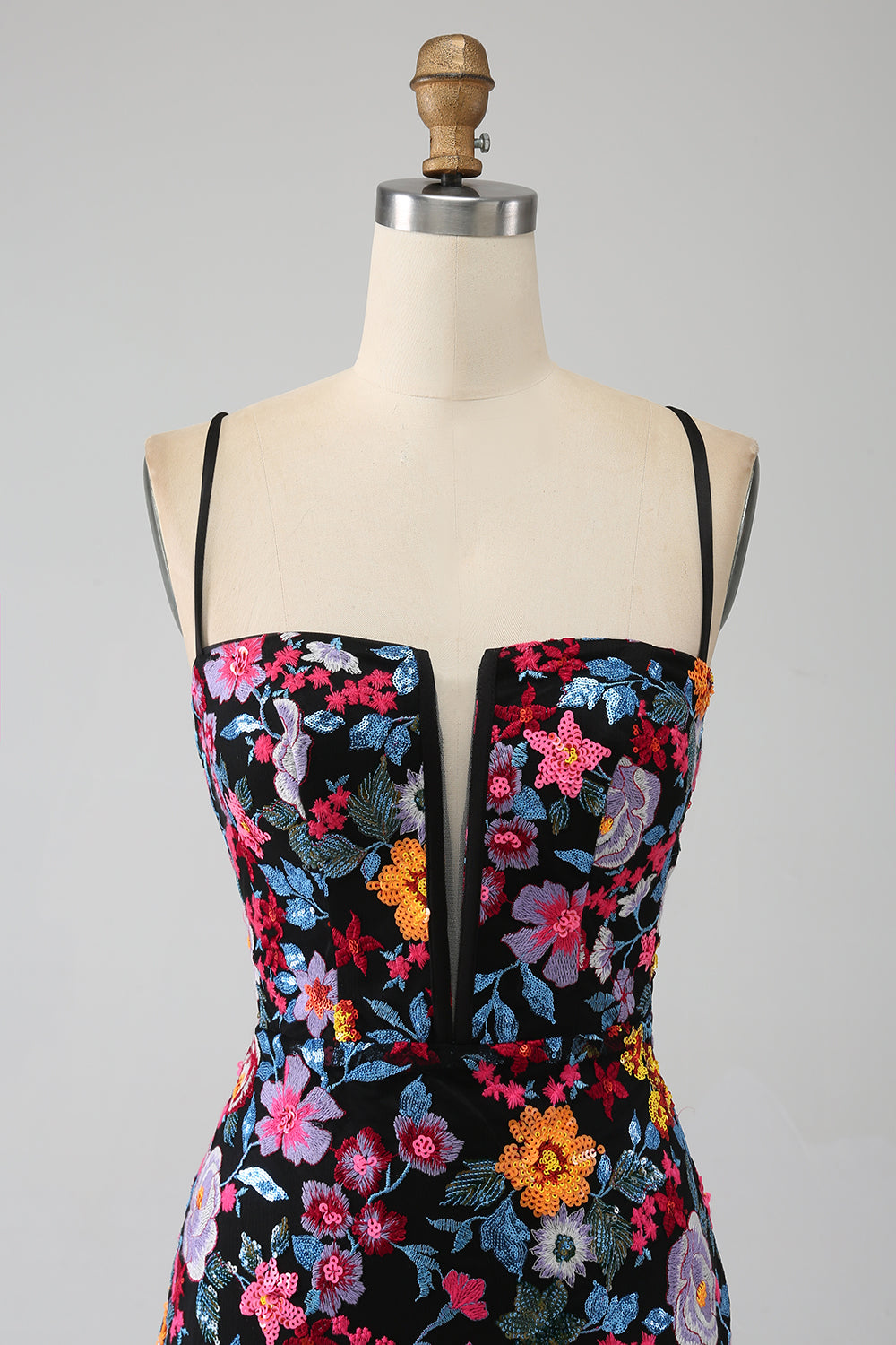 Mermaid Spaghetti Straps Black Flower Embroidered Formal Dress With Side Slit