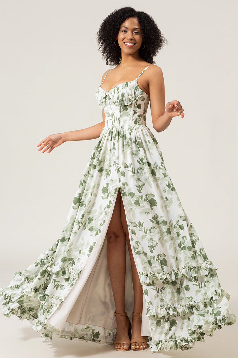 A Line Spaghetti Straps Green Printed Long Formal Dress With Slit