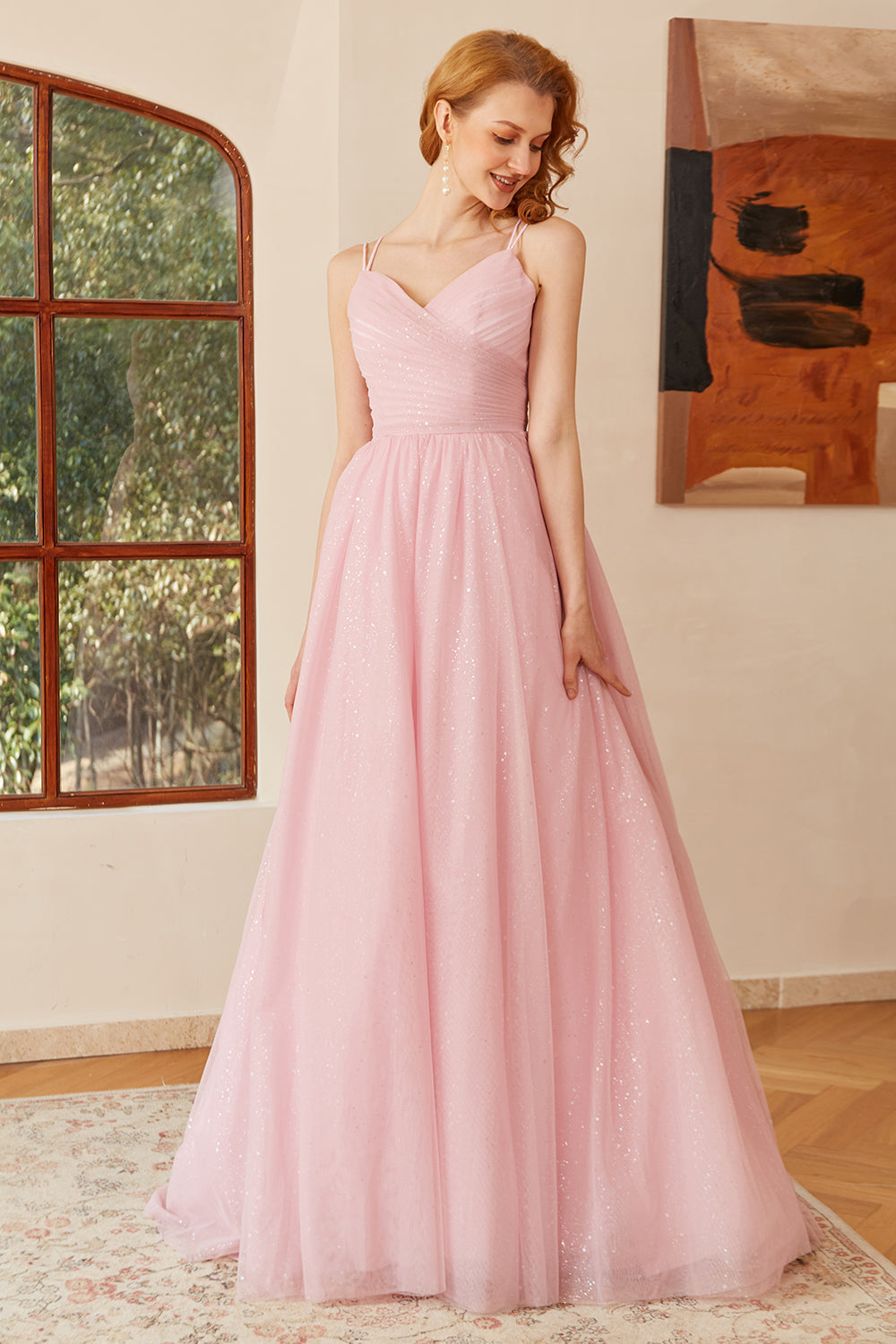 Glitter Pink Lace-Up Ruched Long Formal Dress