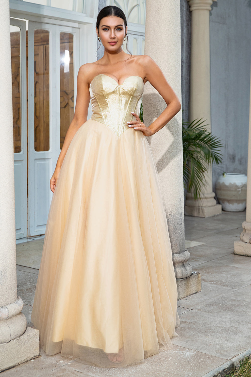 Princess A Line Sweetheart Golden Long Formal Dress