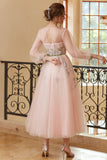 A Line Jewel Light Nude Tea Length Formal Dress with Long Sleeves