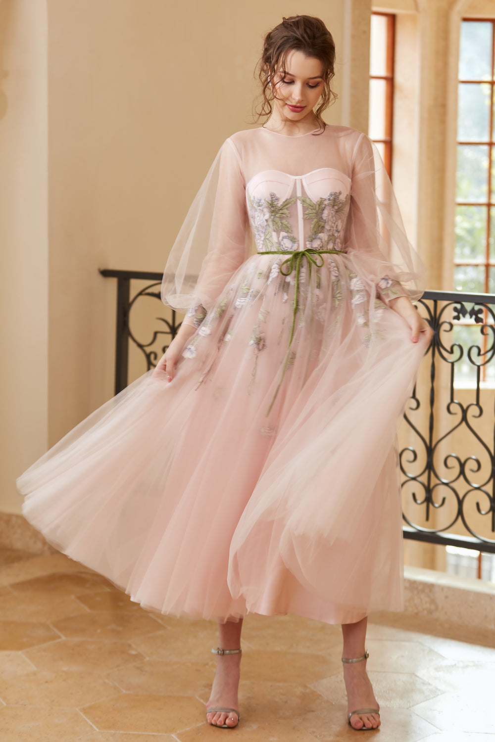 A Line Jewel Light Nude Tea Length Formal Dress with Long Sleeves