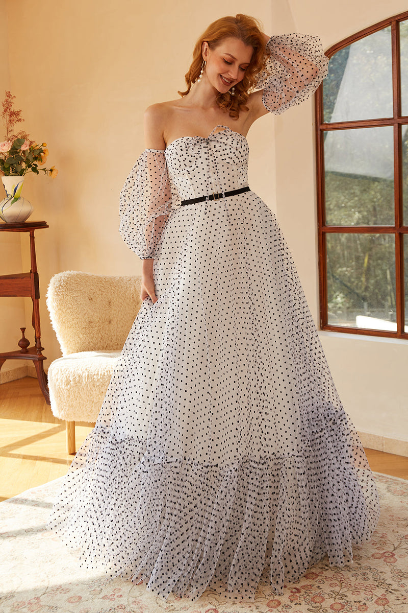 Zapaka Women Long Formal Dress White Sweetheart Polka Dots Prom