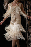 Sparkly Champagne Gatsby 1920s Flapper Dress with Sequins and Fringes