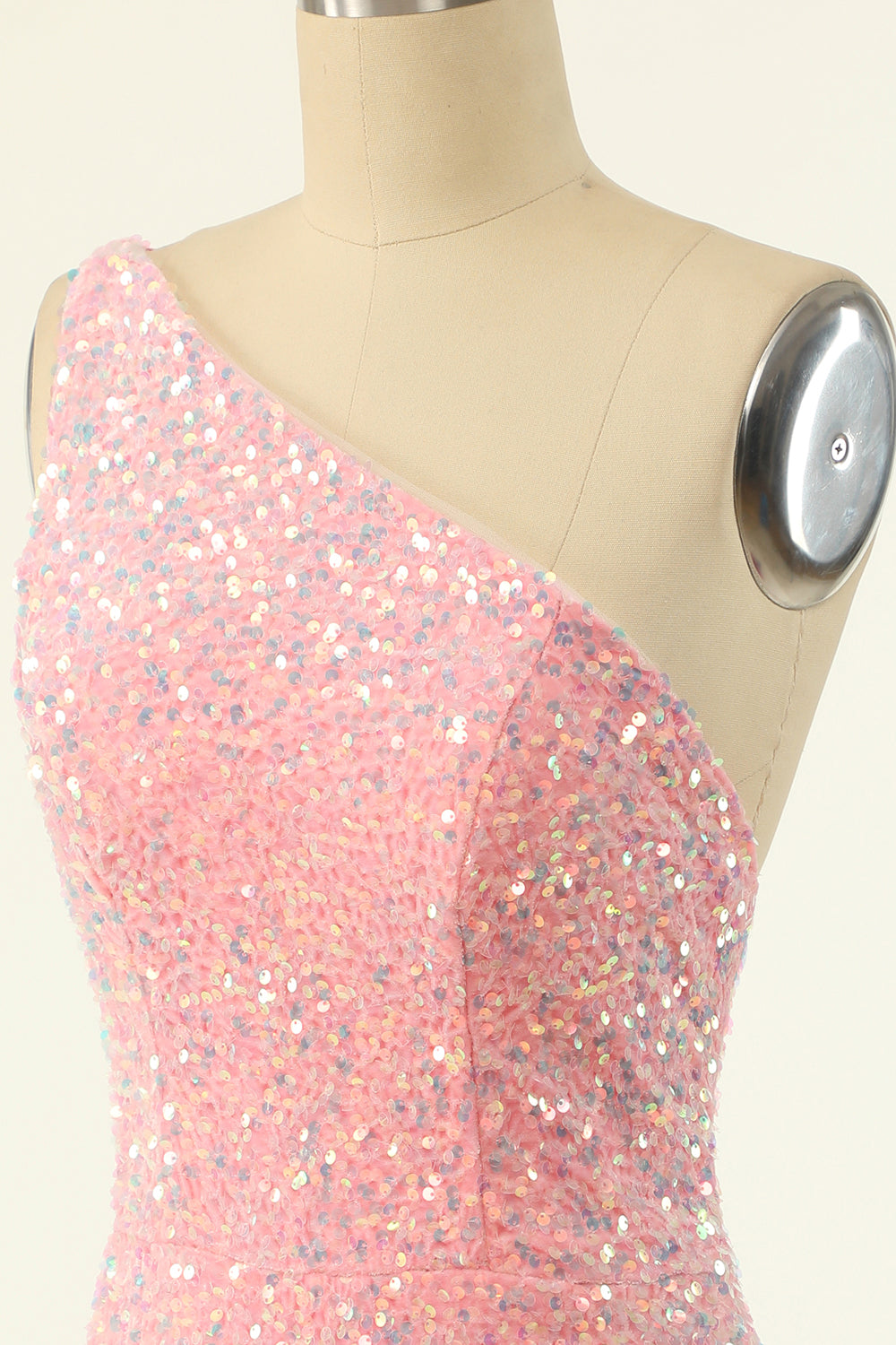 Pink One Shoulder Sequins Tight Cocktail Dress