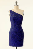 Purple One Shoulder Sequins Cocktail Dress