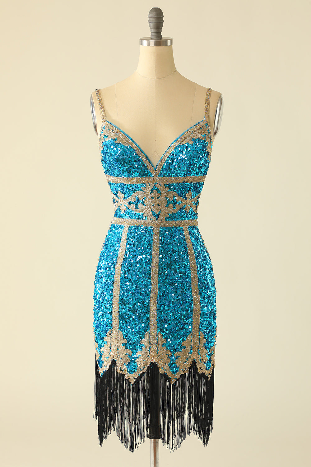Lake Blue Sequin Short Formal Dress with Fringes
