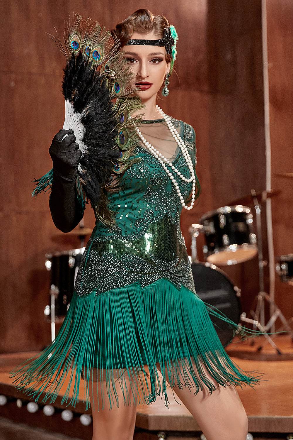 Dark Green Bateau Neck 1920s Gatsby Dress With Fringes