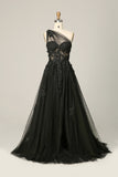 A Line One Shoulder Sky Blue Long Formal Dress with Appliques