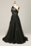 A Line One Shoulder Sky Blue Long Formal Dress with Appliques