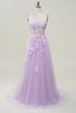 A Line One Shoulder Purple Long Formal Dress with Beading