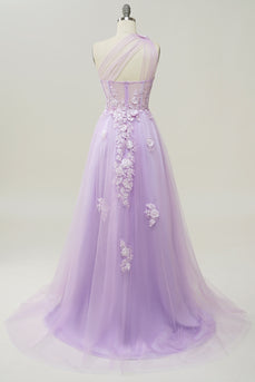 A Line One Shoulder Purple Long Formal Dress with Beading