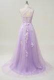 A Line One Shoulder Sky Blue Long Formal Dress with Appliques