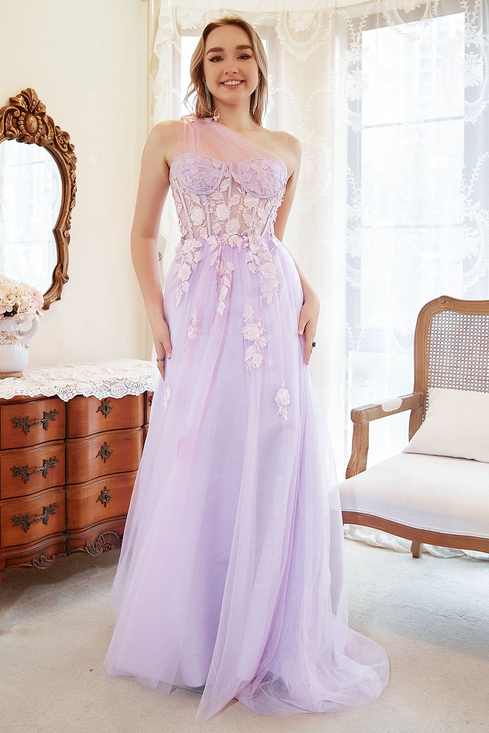 A Line One Shoulder Purple Plus Size Formal Dress with Appliques