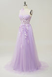 A Line One Shoulder Purple Long Formal Dress with Beading