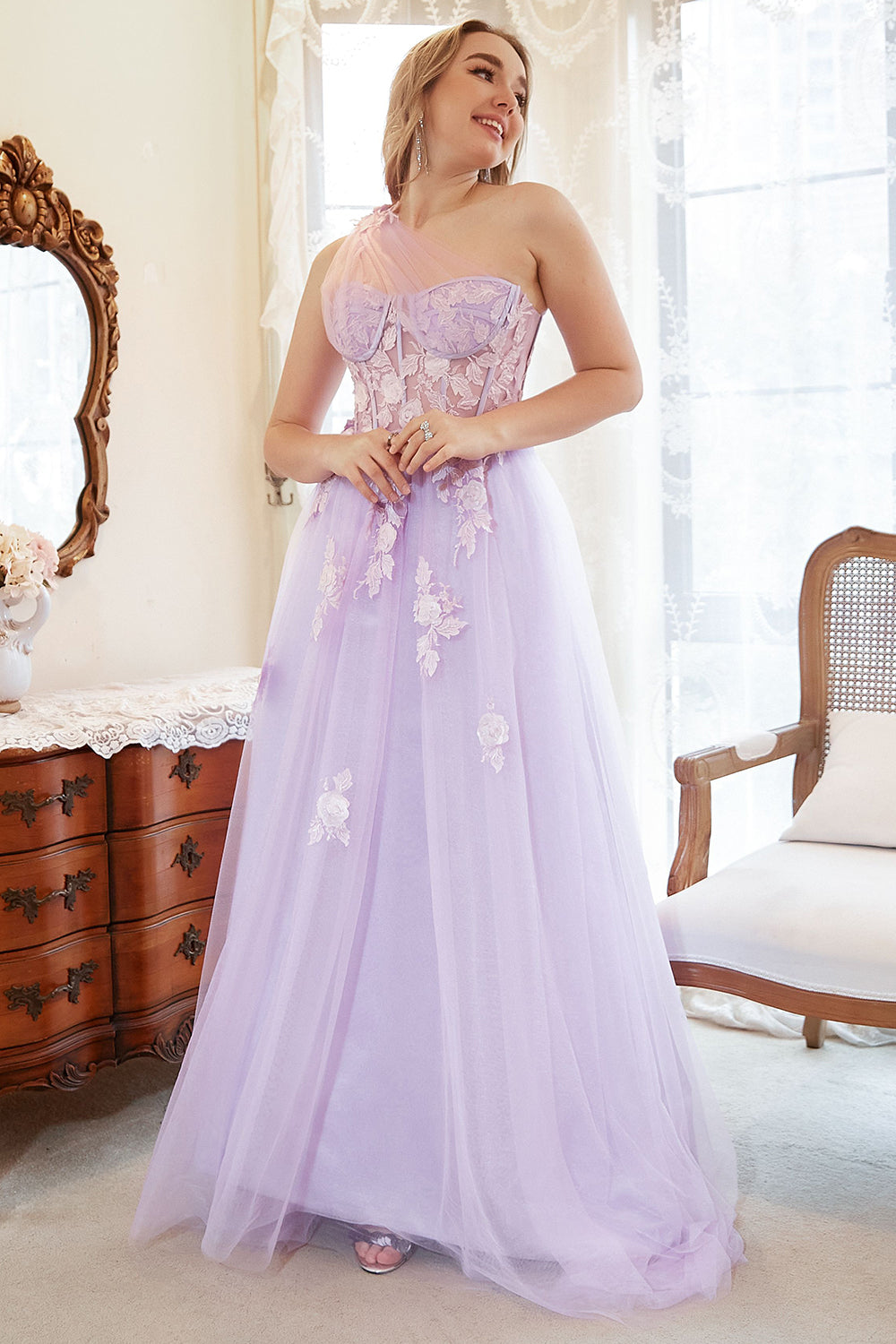 A Line One Shoulder Purple Plus Size Formal Dress with Appliques