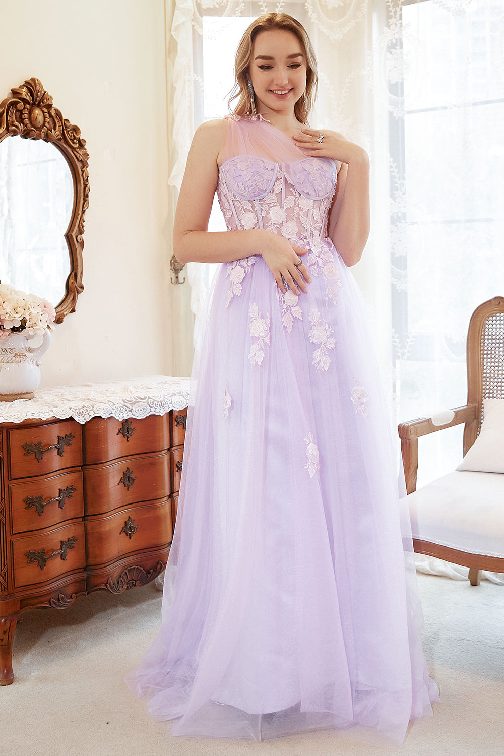 A Line One Shoulder Purple Plus Size Formal Dress with Appliques
