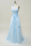 A Line One Shoulder Sky Blue Long Formal Dress with Appliques