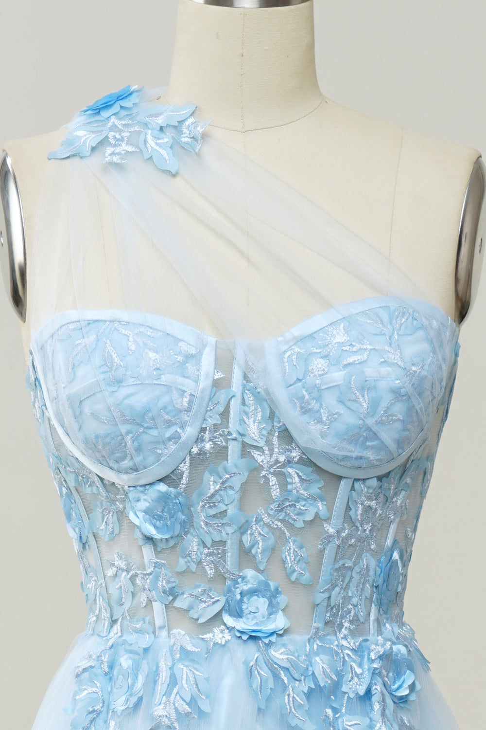 A Line One Shoulder Sky Blue Long Formal Dress with Appliques