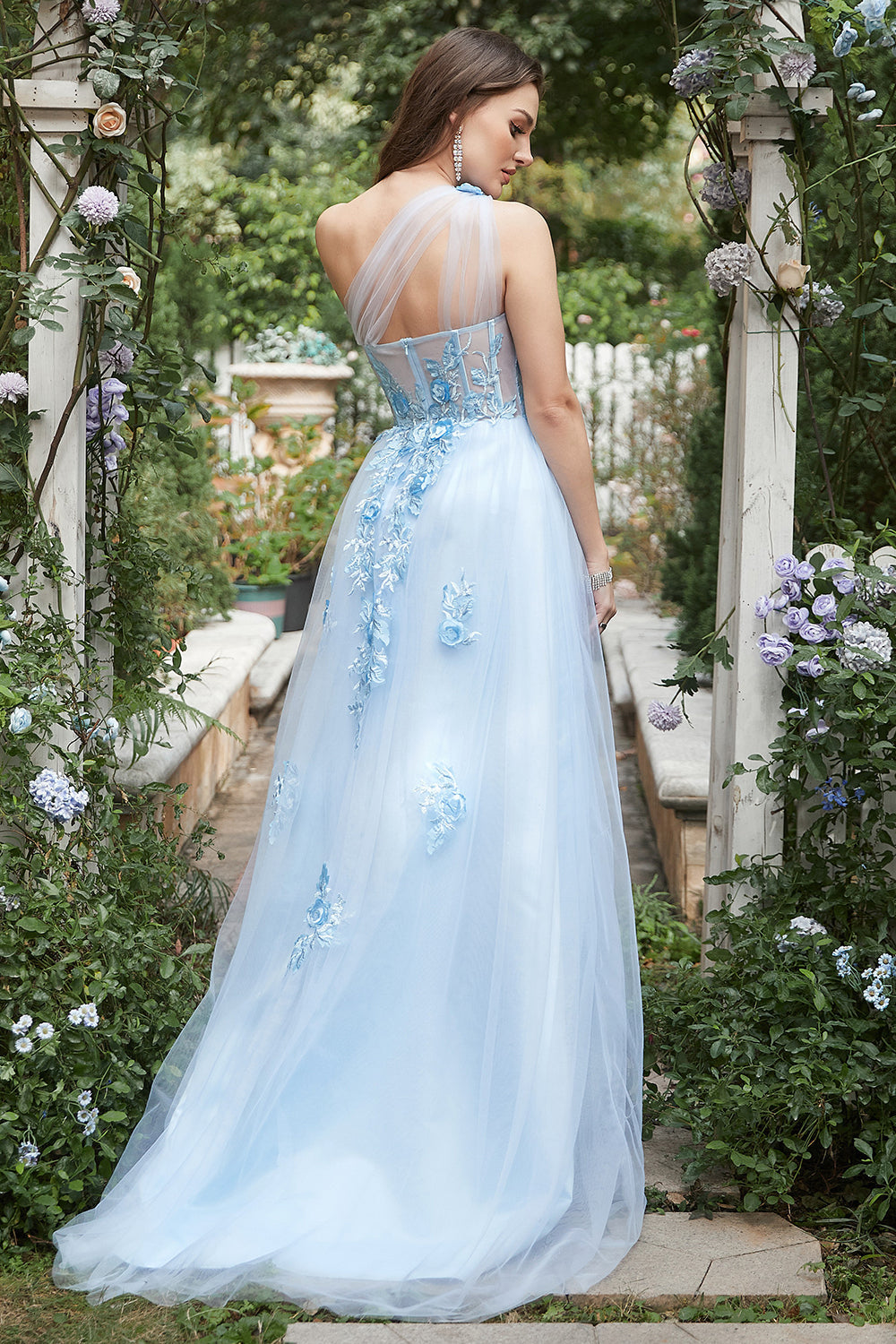 Sky Blue A Line One Shoulder Long Formal Dress with Appliques