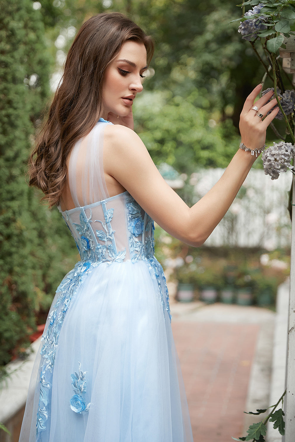 Sky Blue A Line One Shoulder Long Formal Dress with Appliques