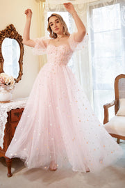 A Line Off the Shoulder Blush Plus Size Formal Dress with Embroidery