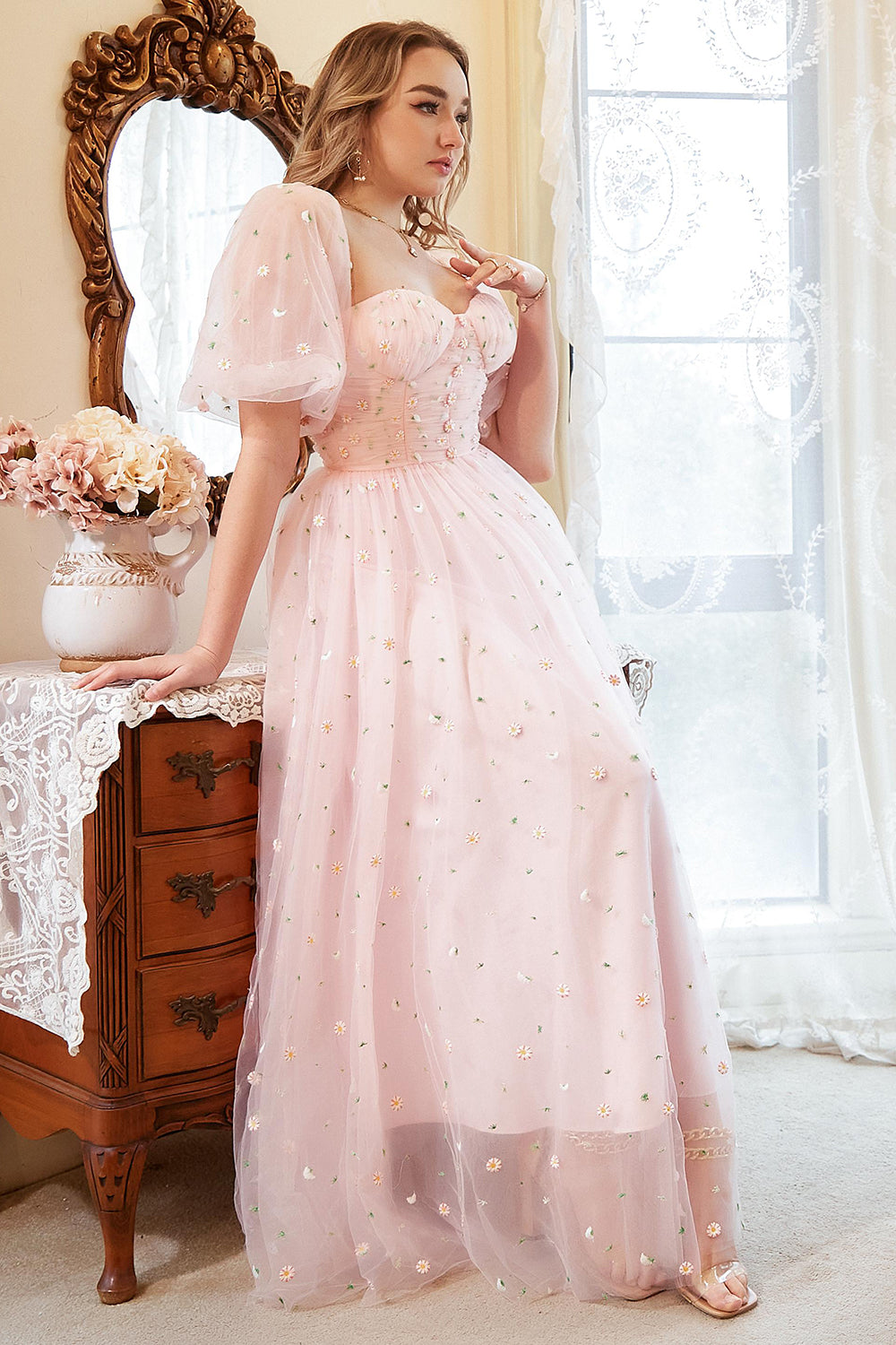 A Line Off the Shoulder Blush Plus Size Formal Dress with Embroidery
