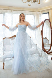 A Line Strapless Blue Printed Plus Size Formal Dress with Half Sleeves