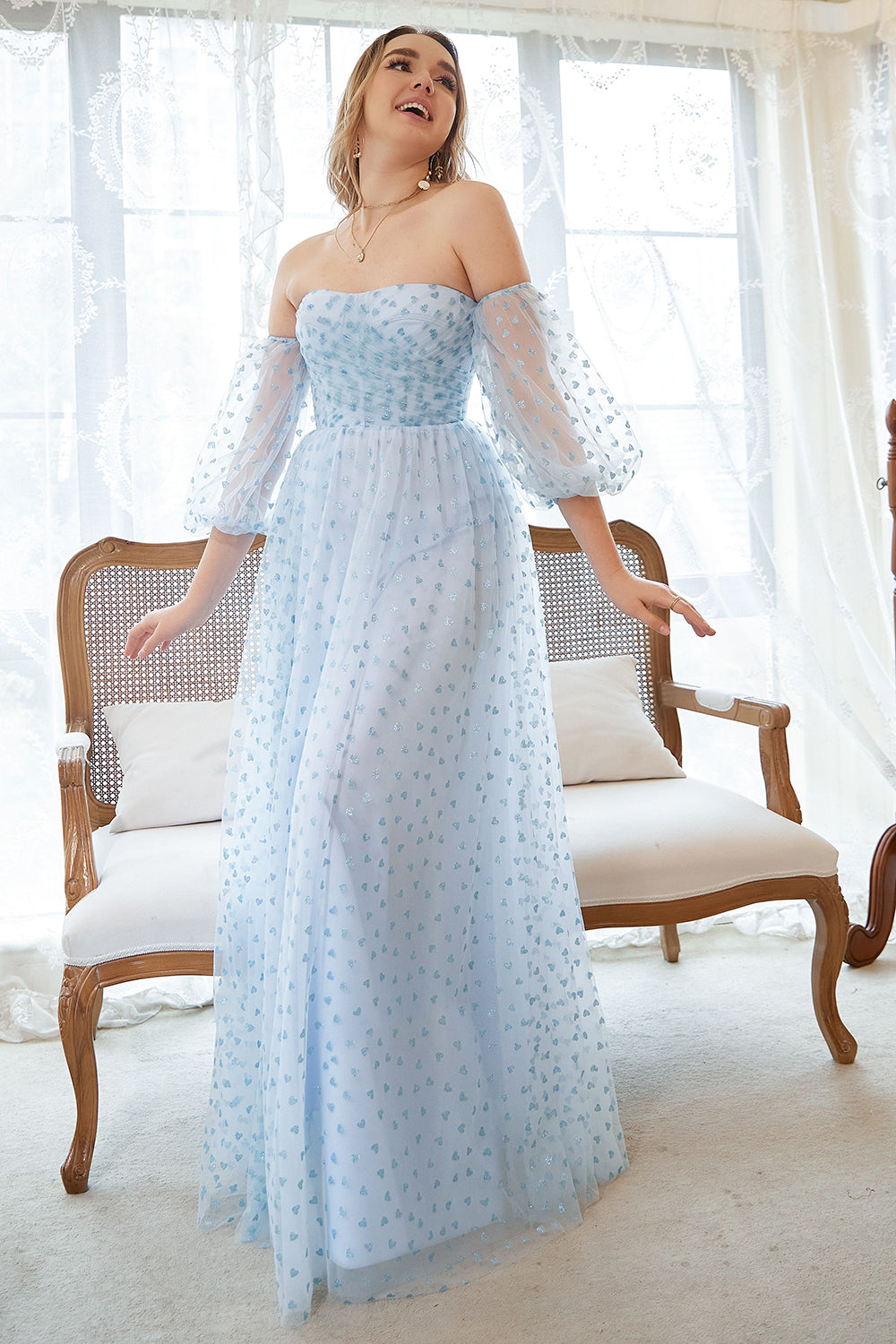 A Line Strapless Blue Printed Plus Size Formal Dress with Half Sleeves
