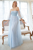 A Line Strapless Blue Printed Plus Size Formal Dress with Half Sleeves