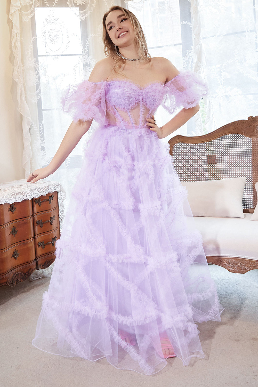 A Line Off the Shoulder Purple Corset Plus Size Formal Dress with Bowknot