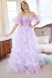 A Line Off the Shoulder Purple Corset Plus Size Formal Dress with Bowknot