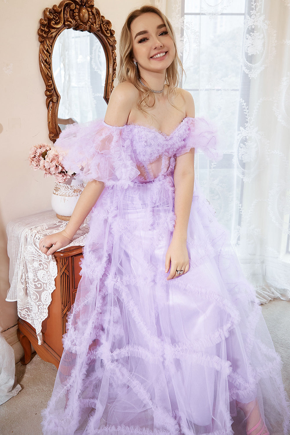 A Line Off the Shoulder Purple Corset Plus Size Formal Dress with Bowknot