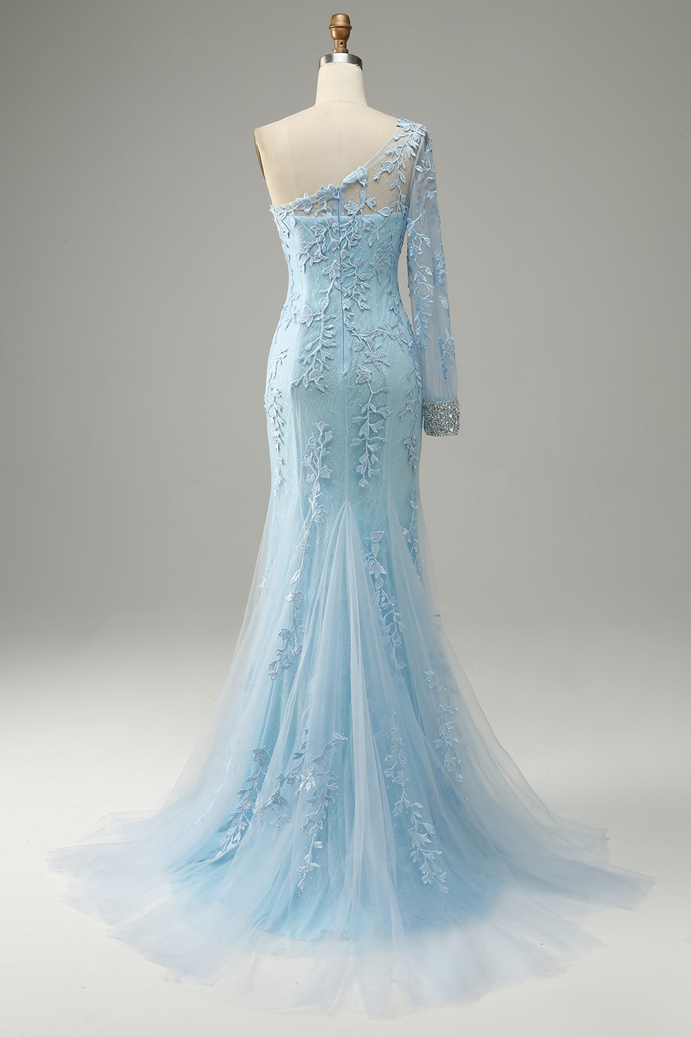 Sky Blue One Shoulder Mermaid Formal Dress With Appliques