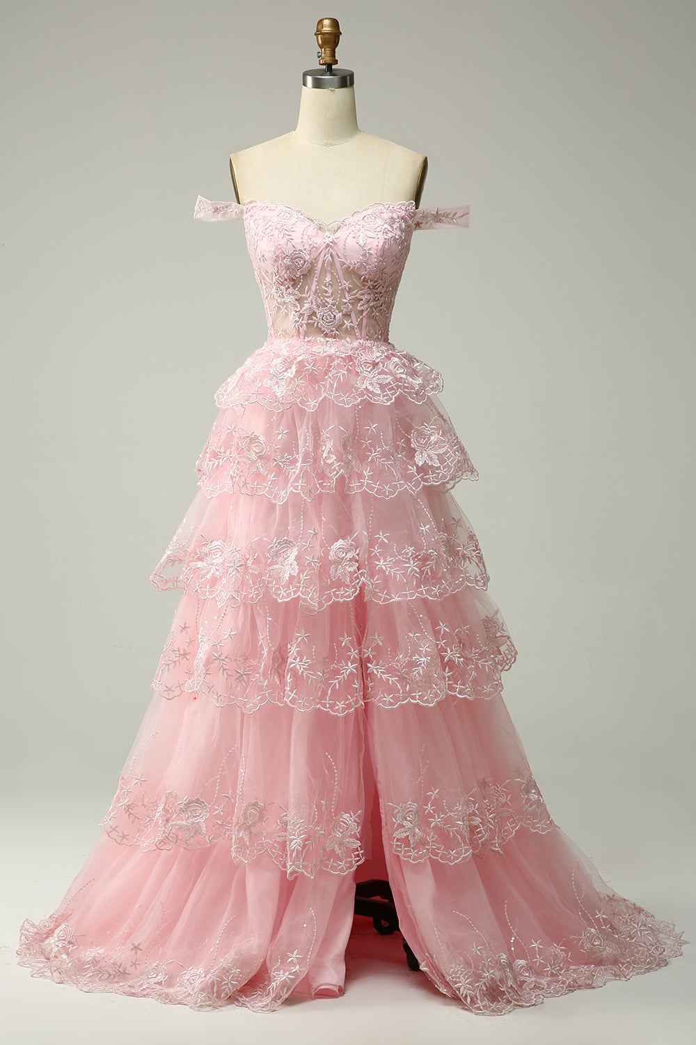 Princess A Line Off the Shoulder Pink Long Formal Dress with Appliques
