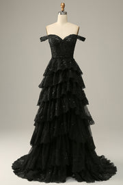 Black Off The Shoulder A-Line Tiered Ruffled Long Corset Formal Dress